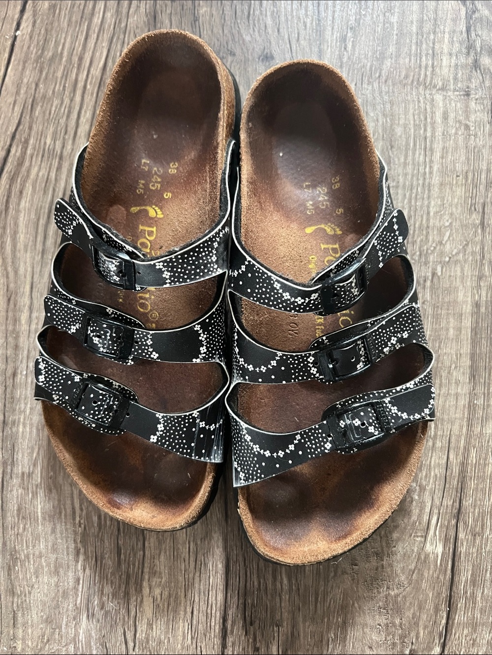 Papillio by Birkenstock Black Triple-Strap Slides with White flower print